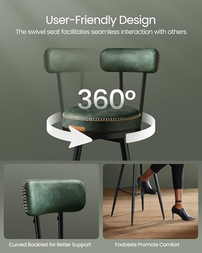 Image of VASAGLE EKHO Collection - Bar Stools Set of 2, Swivel Bar Height Bar Stools with Back, Synthetic Leather with Stitching, Mid-Century Modern, 30-Inch Tall Barstools, Forest Green ULBC889C01V2