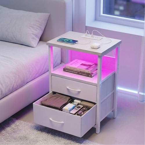 Image of Fixwal White Nightstand for Women Bedroom, LED Night Stand with Charging Station, Bed Side Table with 2 Fabric Storage Drawers