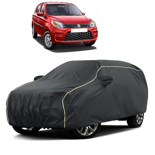 Image of Sulfar 100% Water Resistant Car Body Cover Compatible with Mirror for Maruti Suzuki Alto 800 (Triple Stitched, Full Bottom Elastic, Dark Grey Taffeta with Yellow Piping)