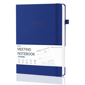 WEMATE Hardcover Meeting Notebook, B5 Work Planner Notebook With Action Items, Easily Take Meeting Notes & Keep Agendas on Track, Calender, Index Page, Inner Pocket, 7×10 Inch, Dark Blue
