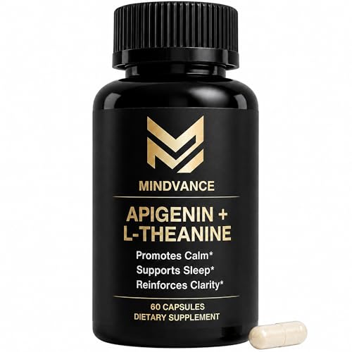 Mindvance Apigenin 100mg with L-Theanine 200mg Supplement Capsules for Sleep Support Relaxation Clarity & Calm | Melatonin Free | 60 Vegan Capsules