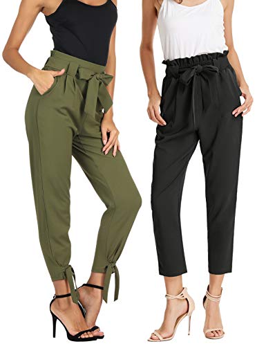 GRACE KARIN Women 2pcs-Pack Capris Cropped Pants Elastic Waist Belt Decorated