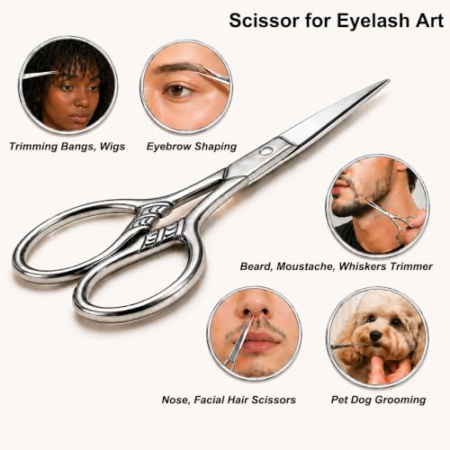 Image of Small Precision Scissors, 3.5in Beauty Grooming Kit | Stainless Steel, Multi-Purpose Travel Tools for Facial Hair, Eyebrow, Eyelash, Beard, Moustache Trimming, with PU Sheath