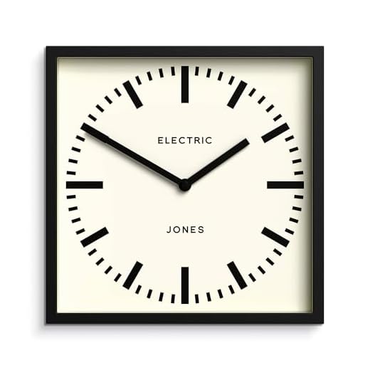 JONES CLOCKS Box Wall Clock - Square Station Dial - Kitchen Office Décor - 9.8 x 9.8in - Black