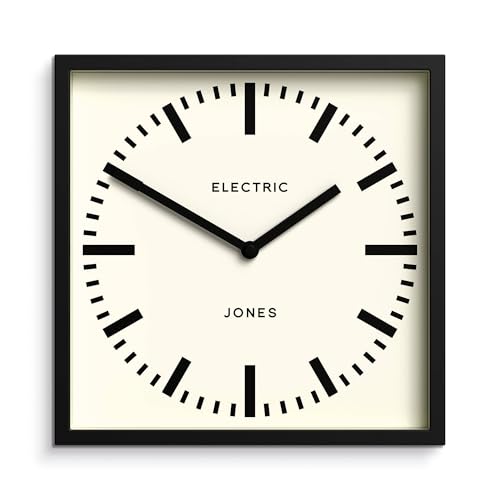 JONES CLOCKS® Box Railway Reloj de Pared | Reloj de estación Cuadrado | 25cm | Negro | Aspecto de diseñador Fresco para Cocina, Sala de Estar u Oficina