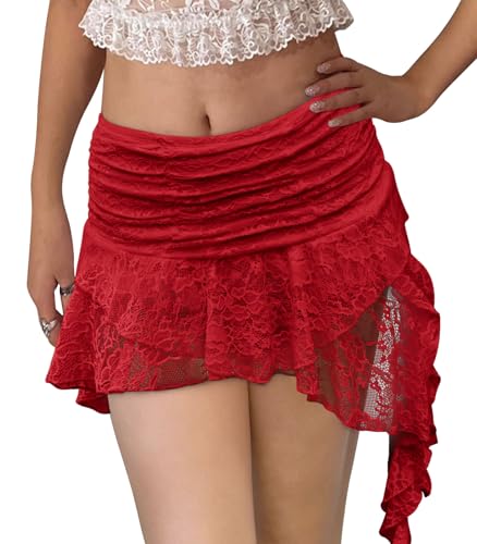 Kolagri Women Y2K Lace Mini Skirt Low Rise Pleated Ruffle Short Skirts Layered Flowy Asymmetrical Fairy Half Slip Skirt