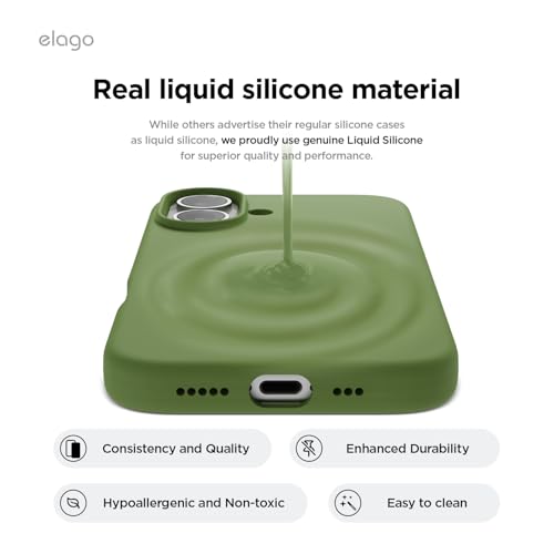Image of elago Compatible with iPhone 16 Case, Premium Liquid Silicone Case, Full Body Protective Cover, Shockproof, Slim Phone Case, Anti-Scratch Soft Microfiber Lining, 6.1 inch (Cedar Green)