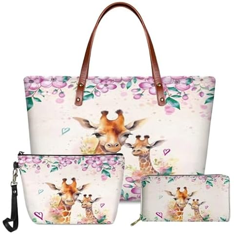 GIFTPUZZ Giraffe Long Wallet + Traveling Makeup Bag + Big Tote Bag Set 3pcs Zipper Closure Handbag and Wallet Set for Woman Shoulder Bag Top Handle Design Cover