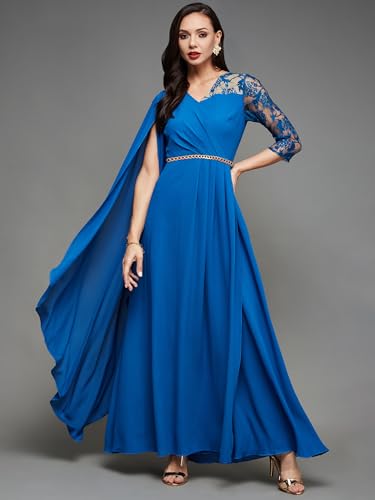 Image of Miss Chase Women's V-Neck Full Sleeve Self Design Lace-Overlaid Georgette Maxi Dress