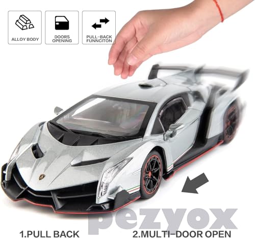Image of Diecast Car for Lambo Veneno Model Car 1 /24 Scale Sports Toy Vehicle Door Can be Opened Toy Car Front Wheel Steerable (Gray)