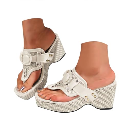 ZSpzx Woman's Square Toe Open Toe Thong Sandals Comfortable Trendy European T Shaped Straps Studded Accessories Insoles Thick Wedge Heels 2025 Vacation Indoor Outdoor Comfortable Lightweight Casual - Main Image