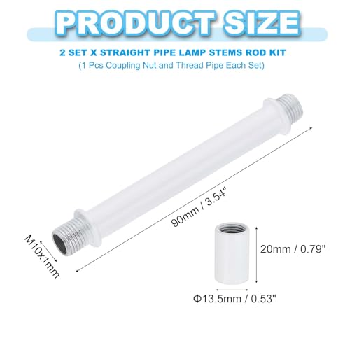 Image of PATIKIL Straight Pipe Lamp Stems Rod Kit, 2 Set M10 Carbon Steel 90mm(3.54 inch) Long Double End Thread Rod with Coupling Nuts Sleeve Connector for Table Lamps Chandeliers,White