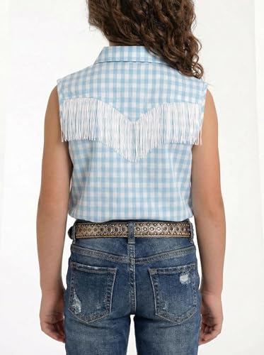 Image of Girls Fringe Shirt Sleeveless Button Down Western Cowgirl Tassel Trim Casual Blouse Shirt Top 4-13Y
