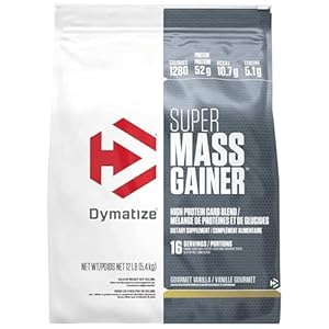 Dymatize Super Mass Gainer Protein Powder, Gourmet Vanilla, 52g Protein, 1g Creatine, 1280 Calories, 10.7g BCAAs, 245g Carbs, Contains Whey Protein, Isolate, and Casein (16 Servings)