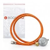 BOGAPRO Set aus Propangasschlauch 150 cm und Gasdruckregler 50 mbar, Druckminderer und Schlauch mit 1/4" Linksgewinde, EN 16436-1 Class 2, Propan/Butan, inkl. Polybeutel
