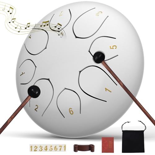 Image of Rain Drum for Outside Garden, 6 Inches 8 Notes Steel Tongue Drums, Waterproof Meditation Echo Rain Chime, Musical Instruments for Adult Gift with Bag, Music Book, Mallets (White)