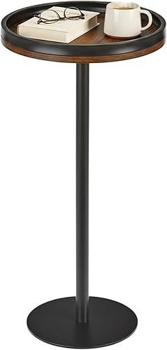 Mesa auxiliar redonda pequeña, mesa de bebidas con base pesada, mesa auxiliar de pedestal industrial de metal y madera con bandeja superior, mesa de