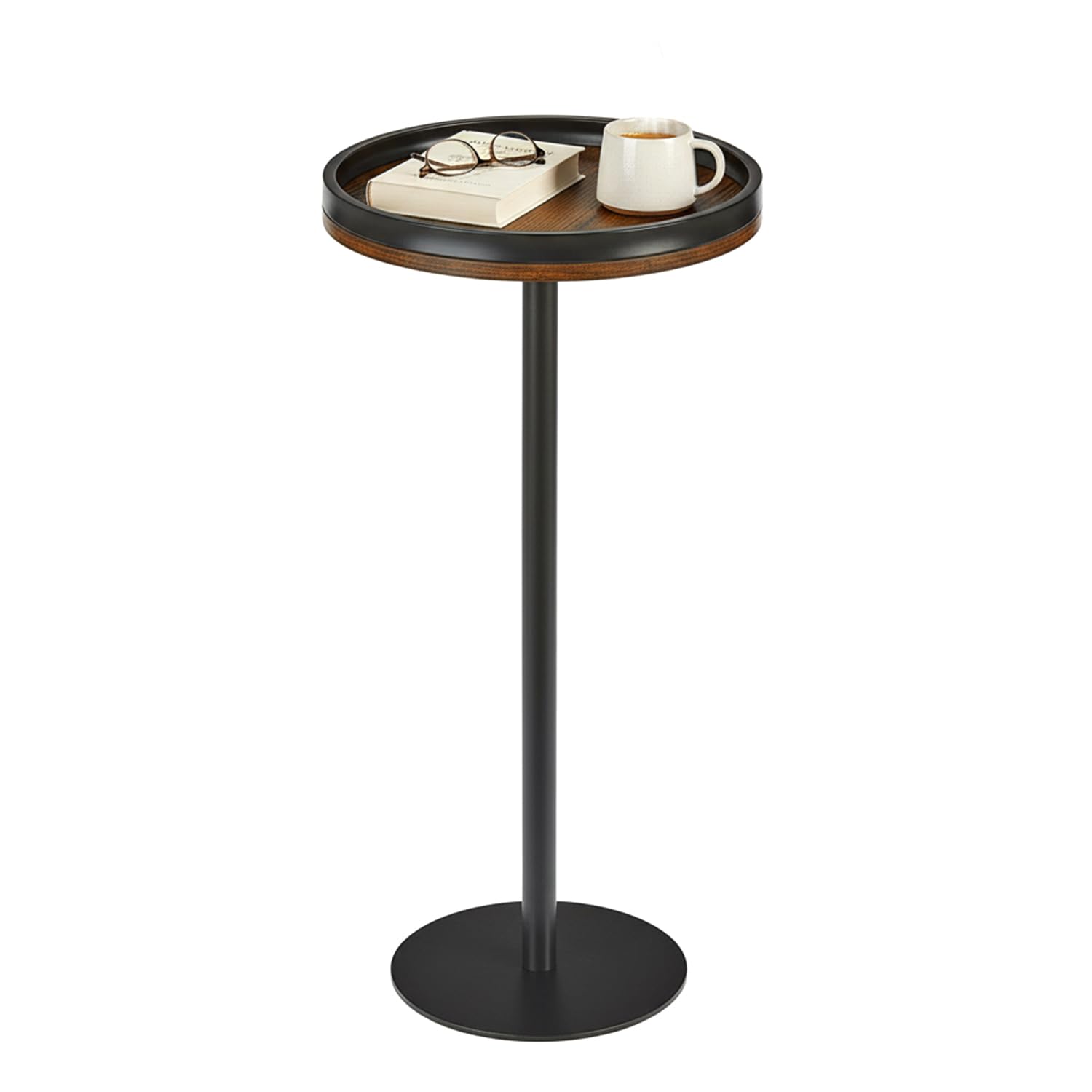 ZEXVIDA Small Round Side Table,Drink Table with Weighted Base,Industrial Metal & Wood Pedestal End Table with Tray Top, Martini Table for Small Spaces