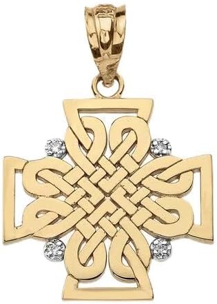 Celtic Woven Cross with Diamond Fine Pendant Real Solid 14Kt Gold