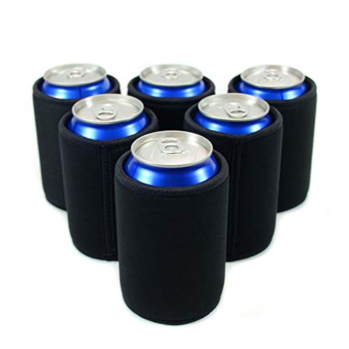 Insulated Beer Can Cover Sleeve Cooler,Neoprene with Stitched Fabric Edges (Black 6-Pack)