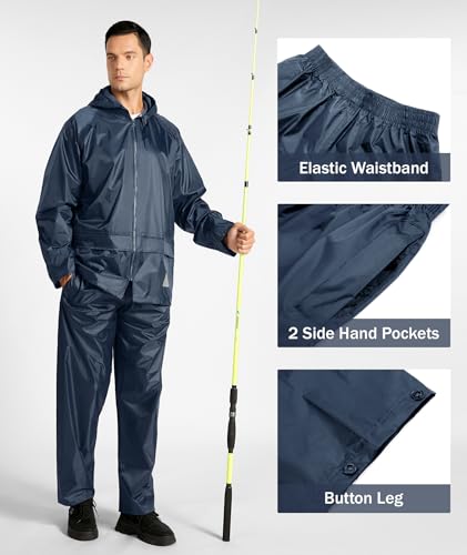 SWISSWELL Rain Suits for Men Waterproof Fishing Rain Gear Heavy Duty Work Raincoat and Pants Packable Bag Navy L