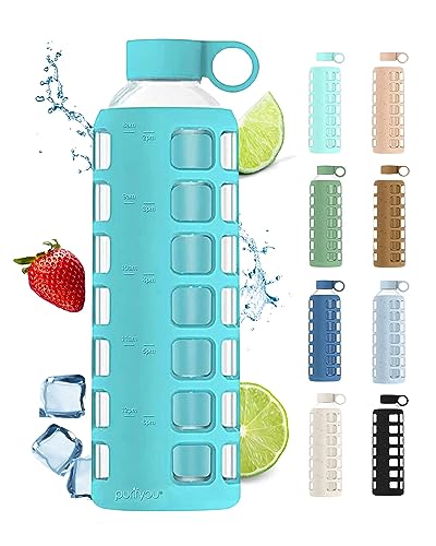 purifyou Premium 40/32 / 22/12 oz Reusable Glass Water Bottles with Time and Volume Markings, Non-Slip Silicone Sleeve & Stainless Steel Lid Insert, for Water, Milk, Fruit Juice (32oz Aqua Blue)