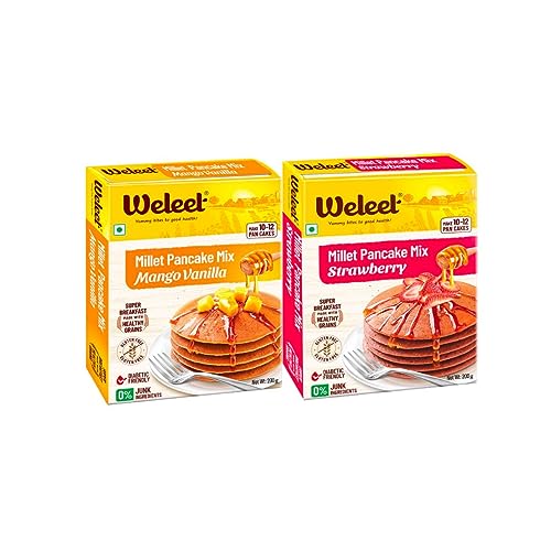 Image of Weleet Millet Pancake Mix Powder Combo | Strawberry & Mango Vanilla Flavour | 0% Maida, Gluten-Free, Diabetic Friendly - 200 gm Each (Pack of 2)