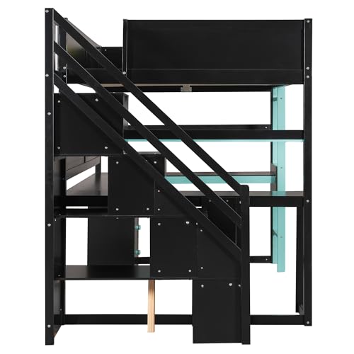 Image of Harper & Bright Designs Full Size Loft Bed with Desk and Storage Stairs, Shelves & Pegboard, Wooden Gaming Loft Bed Frame for Teens Adults Kids, Black+Blue