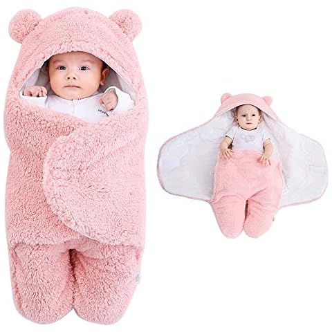 HINATAA Newborn Baby Swaddle Blanket, Baby Hooded Swaddle, Receiving Blanket Unisex Fleece Sleeping Bag, Plush Swaddle Blankets Soft Lined Swaddle for Kids Aged 0-3 or 3-6 Months (0-3 Months, Pink) Cover