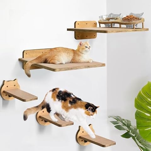 Cat Wall Shelves, Wood Cat Shelves for Wall with Cat Feeding Station, Cat Wall Furniture with 3 Cat Wall Steps, Cat Shelves and Perches, Wall Mounted Cat Climbing Shelf, Cat Lover Gift, 4 Board Cover