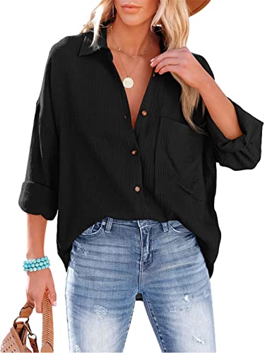 Mingzhu Womens Oversized Button Down Blouse Top Collared Long Sleeve Gauze Shirts