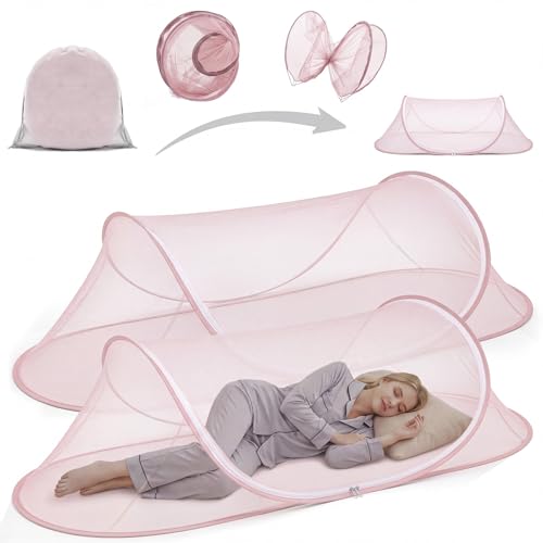 Image of 2 Pcs Large Pop up Mosquito Tent Portable Foldable Mosquito Bug Net for Bed Camping Travel Patio Outdoor 78 * 31 * 22 Inch Bug Netting Mesh Tent Canopy for Adults Bedroom, Pink