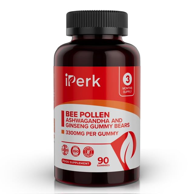 iPerk Bee Pollen Ashwagandha & Ginseng Gummy Bears 3300mg Formula | 90 Gummies | 3-Month Supply | Made in the UK | Halal Beef Gelatin | Natural Daily Support