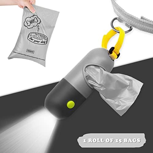 Dog Poo Pickup Bags Holder with LED Flashlight|Pet Waste Bags Dispenser with Lead Leash Clip|Dog Poop Trash Bags Carrier with Carabiner Fastener Elastic Rope LR44 Button Cells