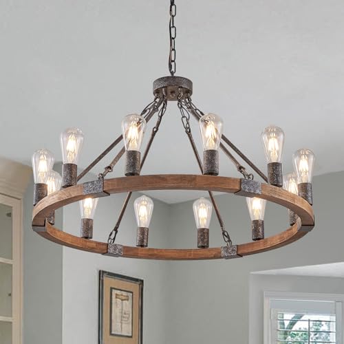 Benkut Farmhouse Wagon Wheel Chandelier 31' Black Rustic Light Fixtures 12-Light Wood Round...