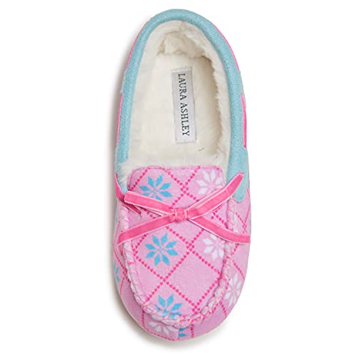 Laura Ashley Girls Plaid Moccasin with Faux Fur Lining, Indoor Outdoor Easy to Wear Home Shoes for Kids