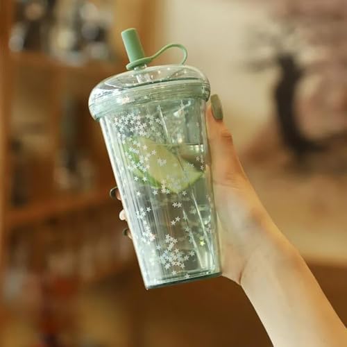 ストロー付きタンブラー 可愛いマグカップ おしゃれ ドリンクカップ 蓋付き プラスチック製 キラキラ 星柄 320ml・420ml・520ml 女子向け水筒 耐熱耐冷 二重構造 広口 漏れ防止 子供用 家庭用 女の子 通学用 オフィス用 アウトドア 星柄