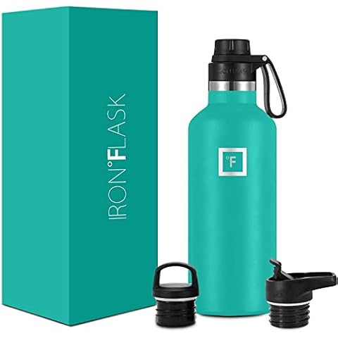 IRON °FLASK Sports Water Bottle - 945 ml, 3 Lids (Spout Lid), Vacuum Insulated Stainless Steel, Hot Cold, Double Walled, Thermo Mug, Standard Metal Canteen (Aquamarine) Cover