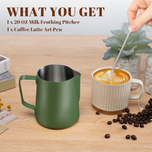 Image of Amrules Milk Frothing Pitcher 20oz Frother Cup Barista Tools, Green