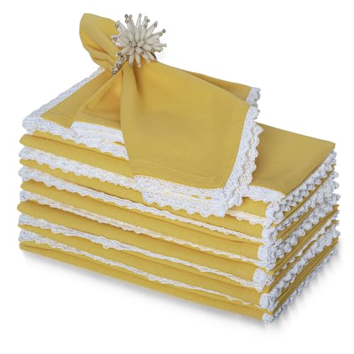 Image of FINGERCRAFT Lace Trim Cloth Napkins Set of 12, 20x20 Inch Cotton Linen Blend Dinner Napkins, Reusable Washable Table Napkins for Wedding, Farmhouse Dining, Parties & Home Decor (Gold)