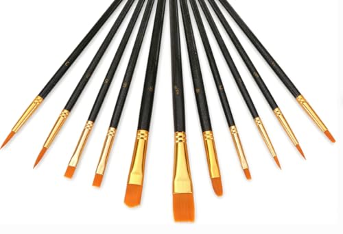 10 Pinceaux de Peinture Acrylique, Nylon à Poils Lisses, 10 Tailles Différentes, pour Gouache & Acrylique, Enfants et Amateurs