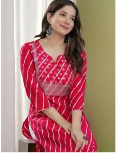 Image of Women's Cotton Floral Printed V-Neck A-Line Kurta /Regular Fit Kurti-3 /4 Sleeve