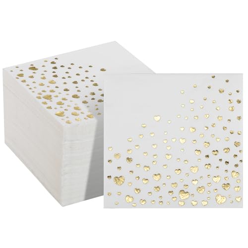 Stylish Heart Cocktail Napkins 100 Pack Valentine Cocktail Napkins 5x5 Inch Gold Cocktail Napkins 3-Ply Heart Napkins Disposable Engagement Party Napkins Disposable Gold Paper Cocktail Napkins
