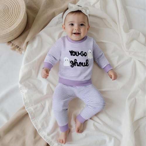 Kupretty Toddler Baby Girl Fall Clothes Halloween Outfit Cute Ghost Embroidery Striped Waffle Knit Sweatshirts + Pants Set2