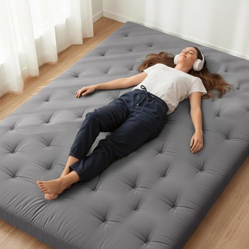 Image of ZonLi Japanese Floor Futon Mattress Twin Size 75 inchx 39 inch, 100% Cotton Cover 4'' Thicken Tatami Mattress, Foldable Sleeping Pad, Portable Dormitory Tatami Mat, Roll Up Floor Lounger Bed for Adult (Grey)