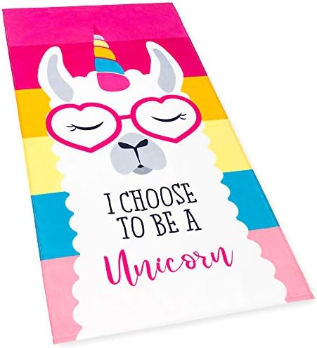 Softerry - Llama Unicorn Beach Towel Pink Rainbow 28 x 51 inches (70 x 130cm) 100%Cotton Soft and Colorful Velour (28" x 51", Pink)