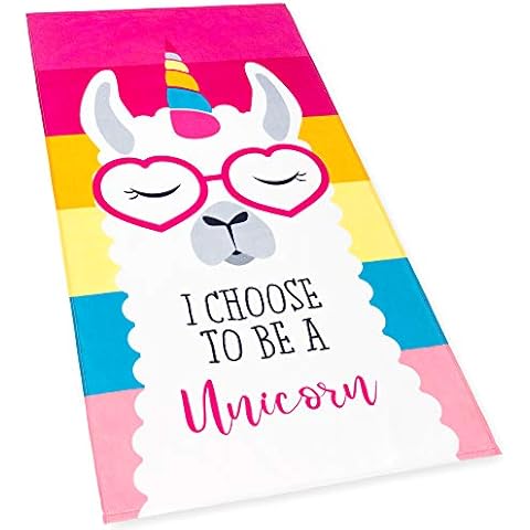Softerry - Llama Unicorn Beach Towel Pink Rainbow 28 x 51 inches (70 x 130cm) 100%Cotton Soft and Colorful Velour (28" x 51", Pink) Cover