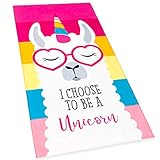Softerry - Llama Unicorn Beach Towel Pink Rainbow 28 x 51 inches (70 x 130cm) 100%Cotton Soft and Co