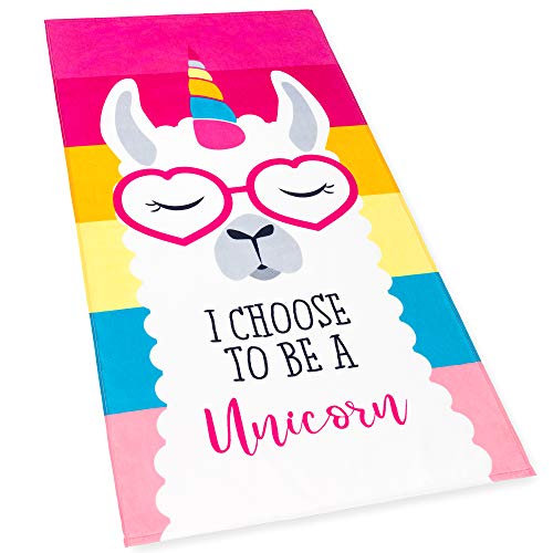 Softerry - Llama Unicorn Beach Towel Pink Rainbow 28 X 51 Inches (70 X 130Cm) 100%Cotton Soft And Colorful Velour (28" X 51", Pink) #TOP1