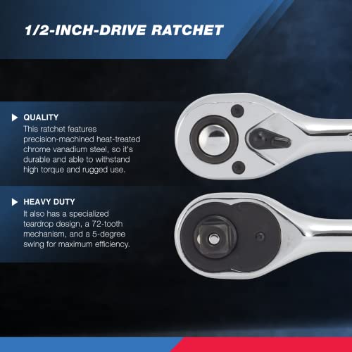 Neiko 03103A 1/2-Inch Drive X 10-Inch Quick Release Ratchet | 72-Tooth, Reversible | Cr-V Steel & 30249A Impact Adapter And Reducer Set | 5 Piece | Standard Sae Socket Adapter Sizes, 1/4, 3/8, 1/2" #TOP2